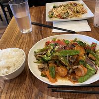 “Vegan” stir fry. You can see some of the egg that snuck in around the central red bell pepper.  at Crazy Noodles Cafe in Amherst