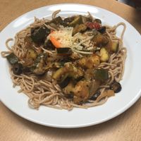 Vegetarian graham spaghetti with zucchini  sauce and cheese. at Bazalka in Hradec Kralove