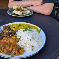 Combination platter with aubergine instead of chickpeas, and a falafel wrap at Kessa Coffee House in Eastbourne