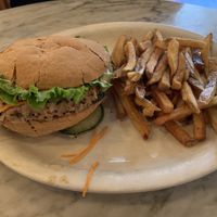 Wild rice burger and fries (messy but worth it!) at The Autumn Cafe in Oneonta