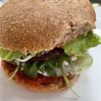 Vegan burger with beetroot  at Govinda in Kosice