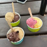 Two Tubs of Chocolate and Slated Caramel Ice Cream (left) and One Tub of Mango and Blackcurrant Sorbet at The Ice Cream Parlour in Dawlish