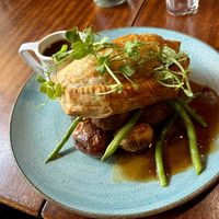 Wild mushroom, sweet potato, chestnut, spinach & kale Wellington with gravy.   at The Devonshire in Grassington