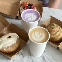 Chocolate Maritozzo, Fruit Croissant Tart, Pistachio Swirl. Vanilla Latte & Ube Latte. All superb and fresh!  at Take a Bite and Smile – Artisan Bakery & Café in South West London