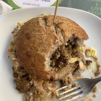 The bun was a bit hard to crush. Had to struggle a little but delicious 😋 at Vegan Art in Naples