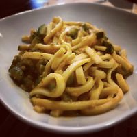 Fresh homemade pasta with pumpkin and zucchini at Vegan Art in Naples