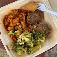 Lentil patties, steamed Broccoli, and BBQ chunks. Broccoli was a little overcooked, but everything else was amazing! at Love Livin in St Thomas