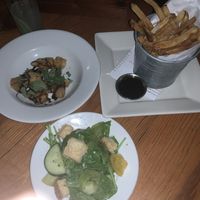 Tempura Eggplant, Arugula Salad, frites w/siracha chili sauce at Leon's Full Service in Decatur