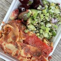 Lasagne with beet/avocado salad and put lentil salad with celeryy  at Vegan Garden London - Food Stand in South East London