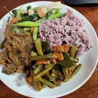 Three choices from the buffet with rice, 60 baht  at Tamachat in Chiang Rai