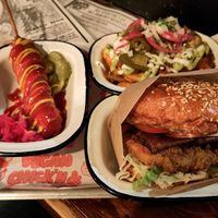 Burger, chili fries and corn dog at The Waiting Room in South East London