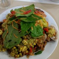 seitan with onion, curry with tofu, salad at Hibiscus in Braga