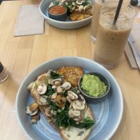 Spinach, garlic mushrooms, avocado and hashbrowns on sourdough toast   at Stone Range Café in Laugharne