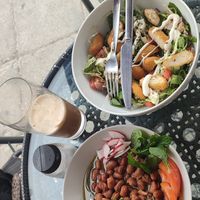 Vegan chicken salad, fava beans & frappe at Falafel Abu Dany in Larnaca
