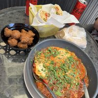 Shakshuka and vegan chicken wrap  at Falafel Abu Dany in Larnaca