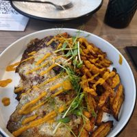 Zucchini fritters with potatoes at Sacred Kitchen in Almaty