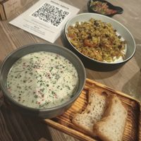 Cold soup with tofu and pickles (can't remember the name on the menu), plov at Sacred Kitchen in Almaty