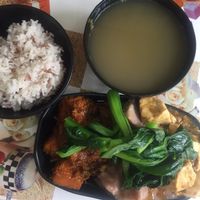 Lunch with white and red rice at Ka Ka Lok Fast Food Shop in New Territories