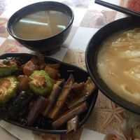 Rice noodles with eggplants, deep fried stuffed bitter melon, radish and veggie at Ka Ka Lok Fast Food Shop in New Territories