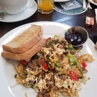 Make your own tofu scramble with tomatoes, mushrooms, peppers and avocado, with sourdough bread and jam at Blu Jam Cafe in Los Angeles