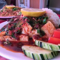 Vegan: Spicy tofu (front) and Pad Thai (back) at Pat's Restaurant in Kingston