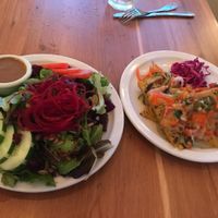 Organic greens and polenta cakes at Postcards in Hanalei