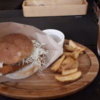 Burger Misokatsu and french fries (the sauce was really good too!) at Tami's in Chatan