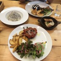 Gound-meat patties with tomato sauce and teriyaki sauce.  at Tami's in Chatan