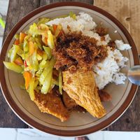 Tofu, veg, sweet shredded coconut at Pasar Tradisional Karimunjawa in 