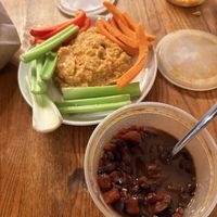 Chili (manually de-cheesed), hummus plate   at Harvest On Main in Blue Ridge