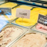 magic icecream! flavours on pic: orange-ginger-sorbet, maracuja-/mango-sorbet, strawberry-rhubarb-sorbet at I Am Love in Bochum