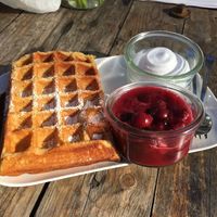 vegan waffle - coconut whipped cream - sour cherries  at I Am Love in Bochum