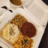 Beef fried steak, corn, mac and cheese, mashed potatoes w/ mushroom gravy at The Wayward Cafe in Seattle