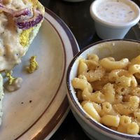Fried “chicken” with biscuits and gravy with macaroni and cheese  at The Wayward Cafe in Seattle