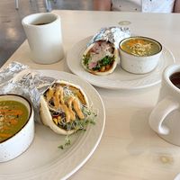 Buffalo cauliflower wrap and bean torta with pea soup  at MJ's Cafe in Baton Rouge