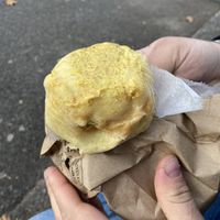 Potato knish with mustard on top   at Yonah Schimmel's Knish Bakery in New York City