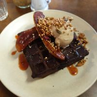Vegan double choc waffles with baked banana & hazelnut ice cream at Straight Up in Hobart