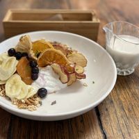 Straight Up’s vegan granola, which comes with coconut yoghurt and macadamia “mylk”. at Straight Up in Hobart