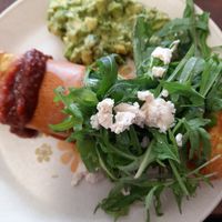 Chickpea omelette, fried mushrooms, herb salad, relish and soyoyo fetta at Straight Up in Hobart