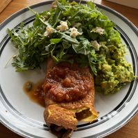 Chickpea omlette 22$ with extra smashed avocado 8$  at Straight Up in Hobart