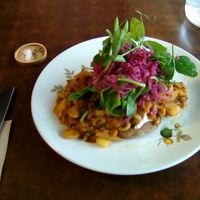 Horrible photo, for a very delicious dish of beans on dark toast, + sauerkraut and greens at Straight Up in Hobart