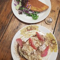 Banana smash toast and chickpea omelette at Straight Up in Hobart