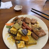 soy protein, tofu and vegetables  at Nhà Hàng Chay Nhà Tấm - Vegan Restaurants in Lam Dong