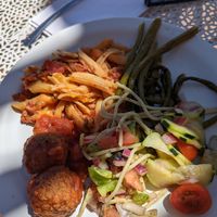 Meatballs, pasta, asparagus, and spaghetti salad at Angel Village Cafe in Kanab