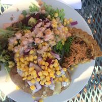 Salad, baked potato, and tofu quiche at Angel Village Cafe in Kanab