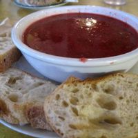 Soup of the day (Beet soup) at Le Cagibi in Montreal