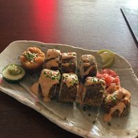Crunchy chipotle shrimp: very good! The roll is deepfried  at Vegan Sushi Bar in Utrecht