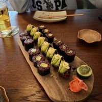 Our first round of sushi. Homemade wasabi was included, which was delicious. Normally I don’t like wasabi so this pleasantly surprised me.  at Vegan Sushi Bar in Utrecht