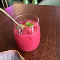 Lychee hibiscus ice-tea: very tasty with a rich lychee flavour (due to lychee mash and sirup). It is sweet for an ice-tea though.  at Vegan Sushi Bar in Utrecht