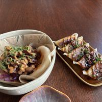 Bao with spicy Korean oyster mushrooms and Gyoza. Both tasty. Be aware that the gyoza is spicy due to the crispy chili oil  at Vegan Sushi Bar in Utrecht